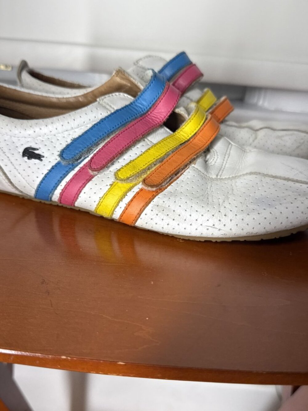 Vtg LACOSTE "Mystere" Sz 9.5 Leather Rainbow Stripe Sneakers Women Preppy #144